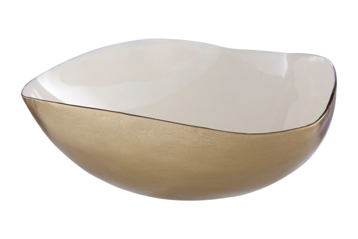 Decorative bowl with gold and white design on a white background