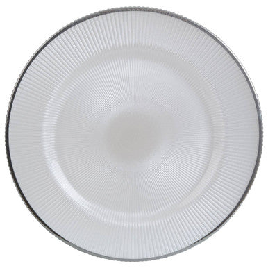 Ida 33Cm Embossed White Glass Charger Plate With Silver Rim