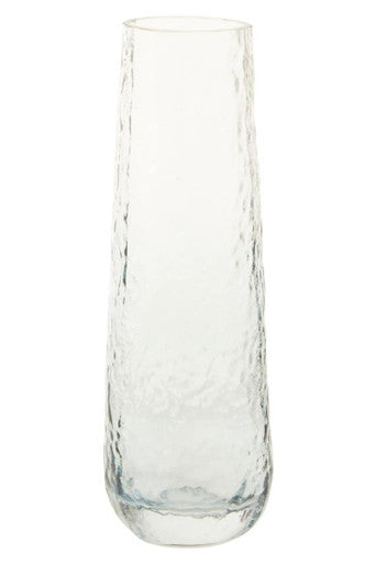 Clear glass vase with textured surface on a white background