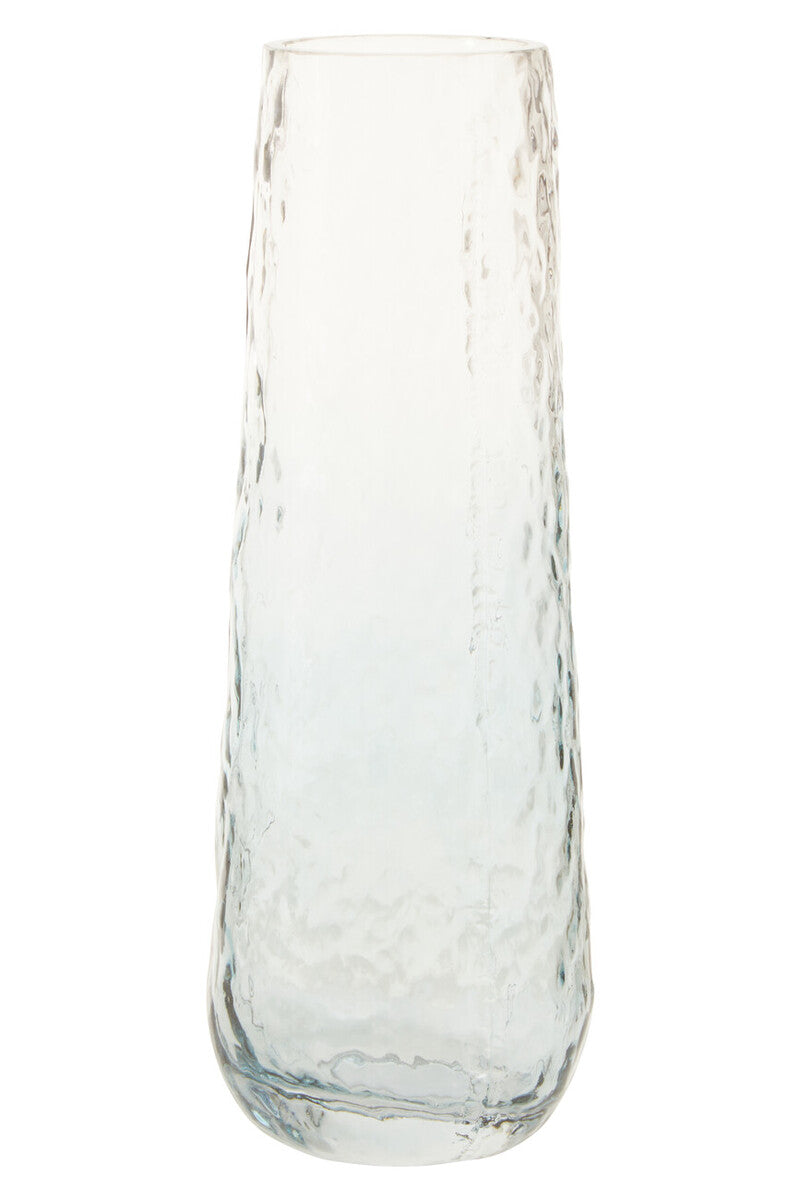 Clear glass vase with textured surface on a white background