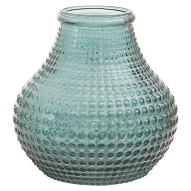 Teal textured glass vase on a white background