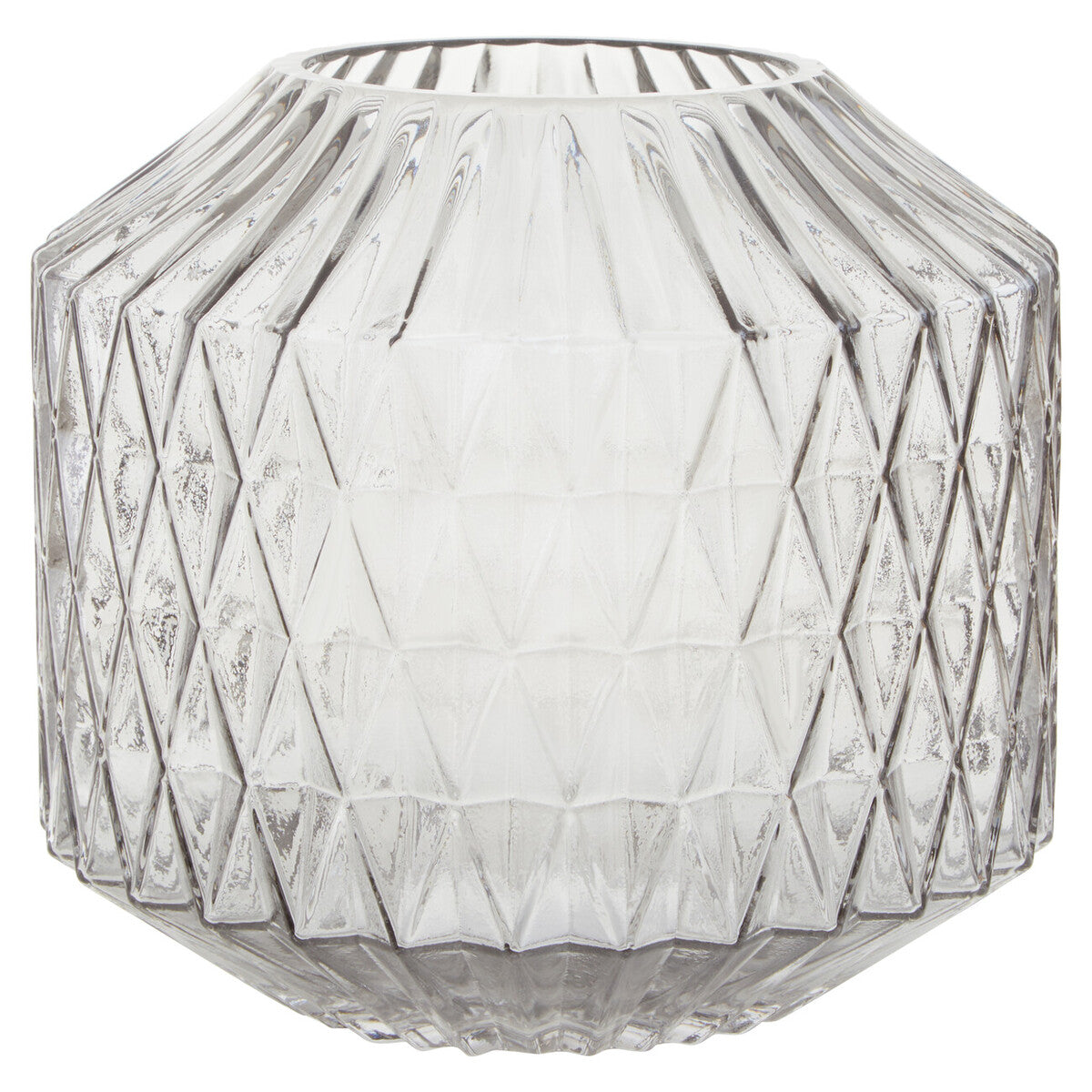 Geometric glass vase with diamond pattern on a white background