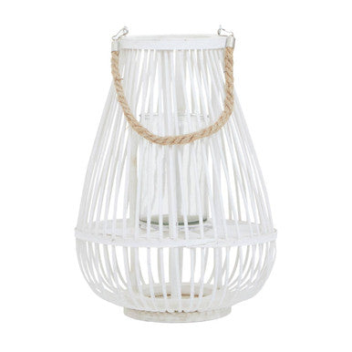 White woven lantern with a rope handle on a white background