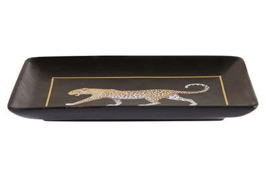 Black rectangular tray with a leopard design on a white background