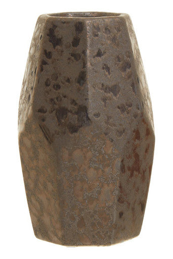 Brown ceramic vase with textured surface on a white background