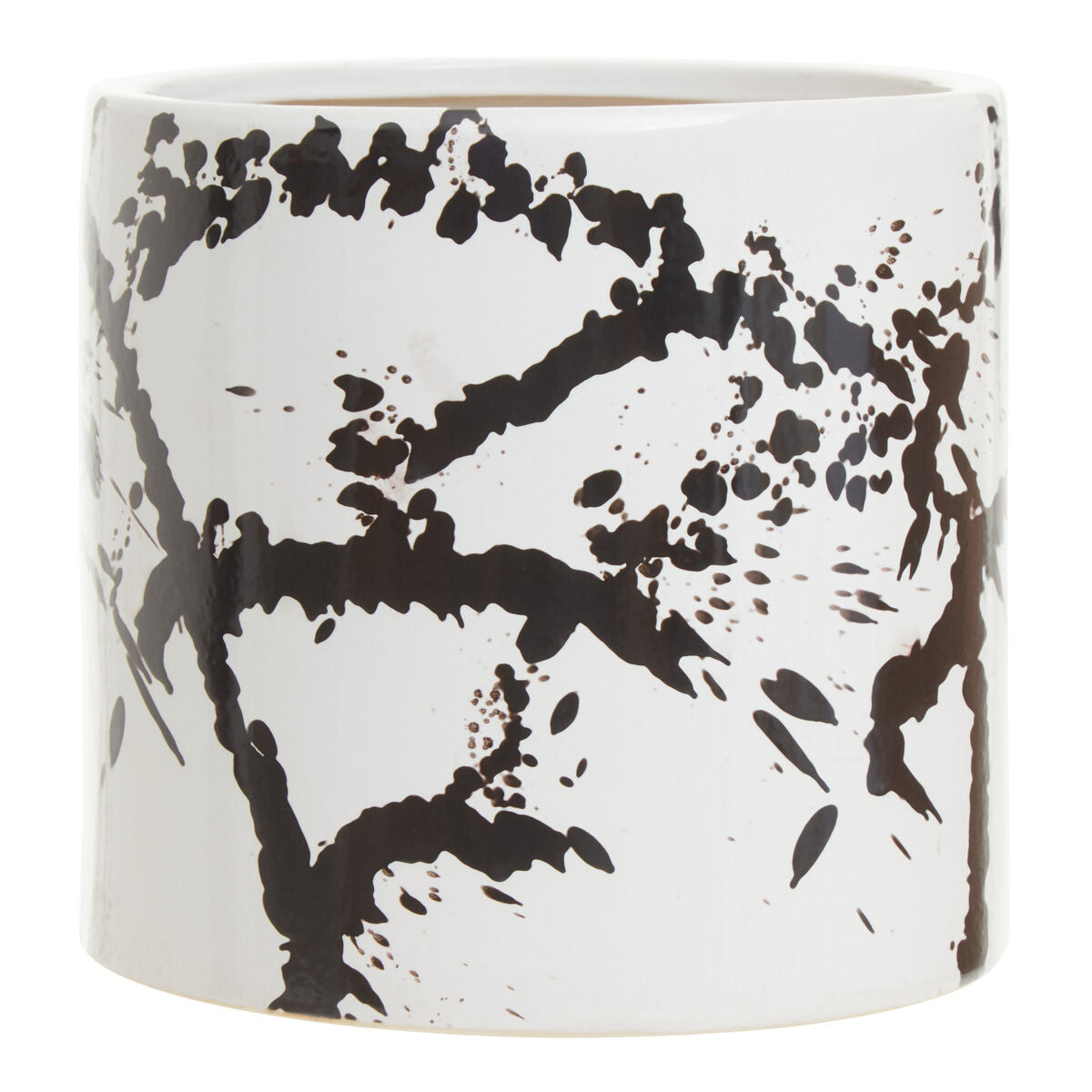 Ceramic planter with black abstract pattern on a white background