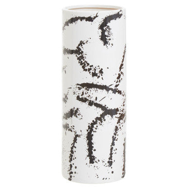 Cylindrical ceramic vase with black abstract patterns on a white background