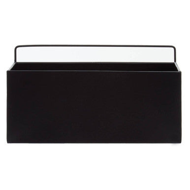 Black rectangular planter with clear glass top on a white background