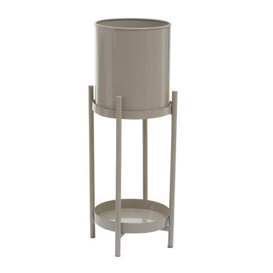 Tall cylindrical plant stand with a smaller round tray at the base on a white background