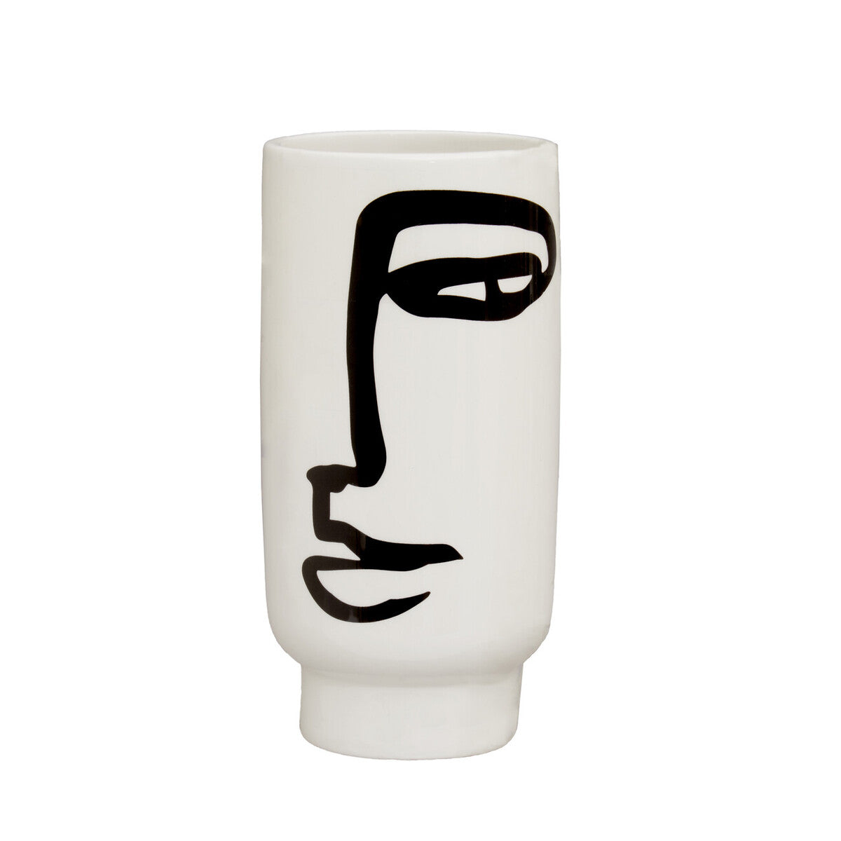 White vase with black abstract face design on a white background