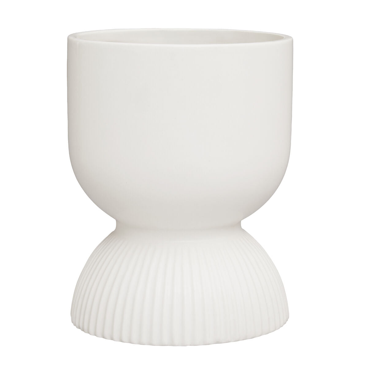 White ceramic planter with ribbed texture on a white background