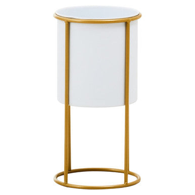 Small round table with white top and gold metal frame on a white background