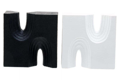 Black and white geometric block design on a white background