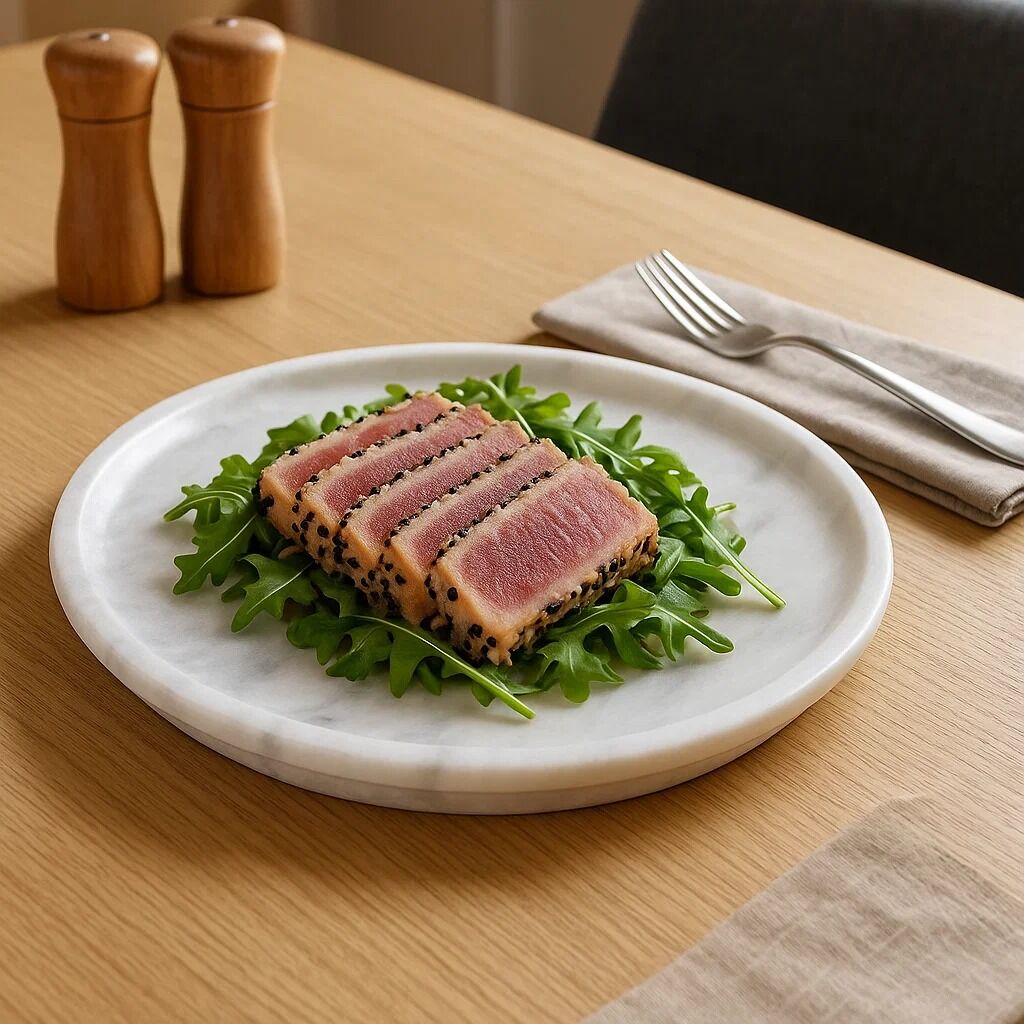 Sliced tuna on arugula on a marble plate with salt and pepper shakers on a wooden table.