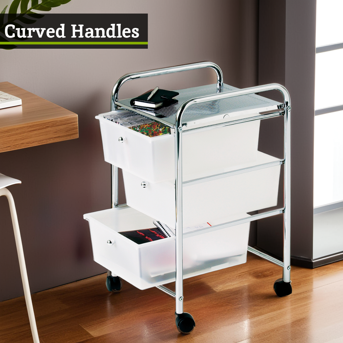 Tube Frame 3 White Plastic Drawers Trolley