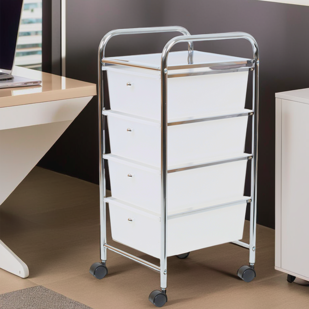 Metal trolley with white drawers in an office setting