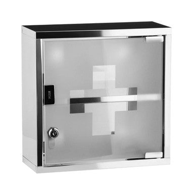 Metal medicine cabinet with glass door on a white background