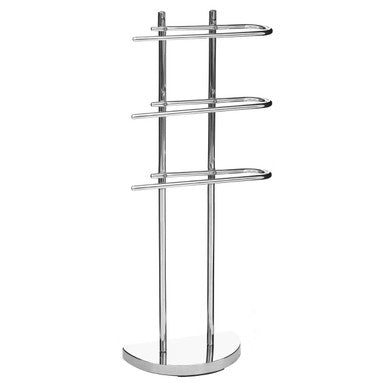 Chrome towel rack with multiple shelves on a white background