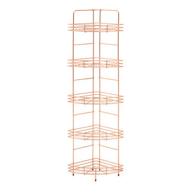 Copper metal corner shelf with multiple tiers on a white background