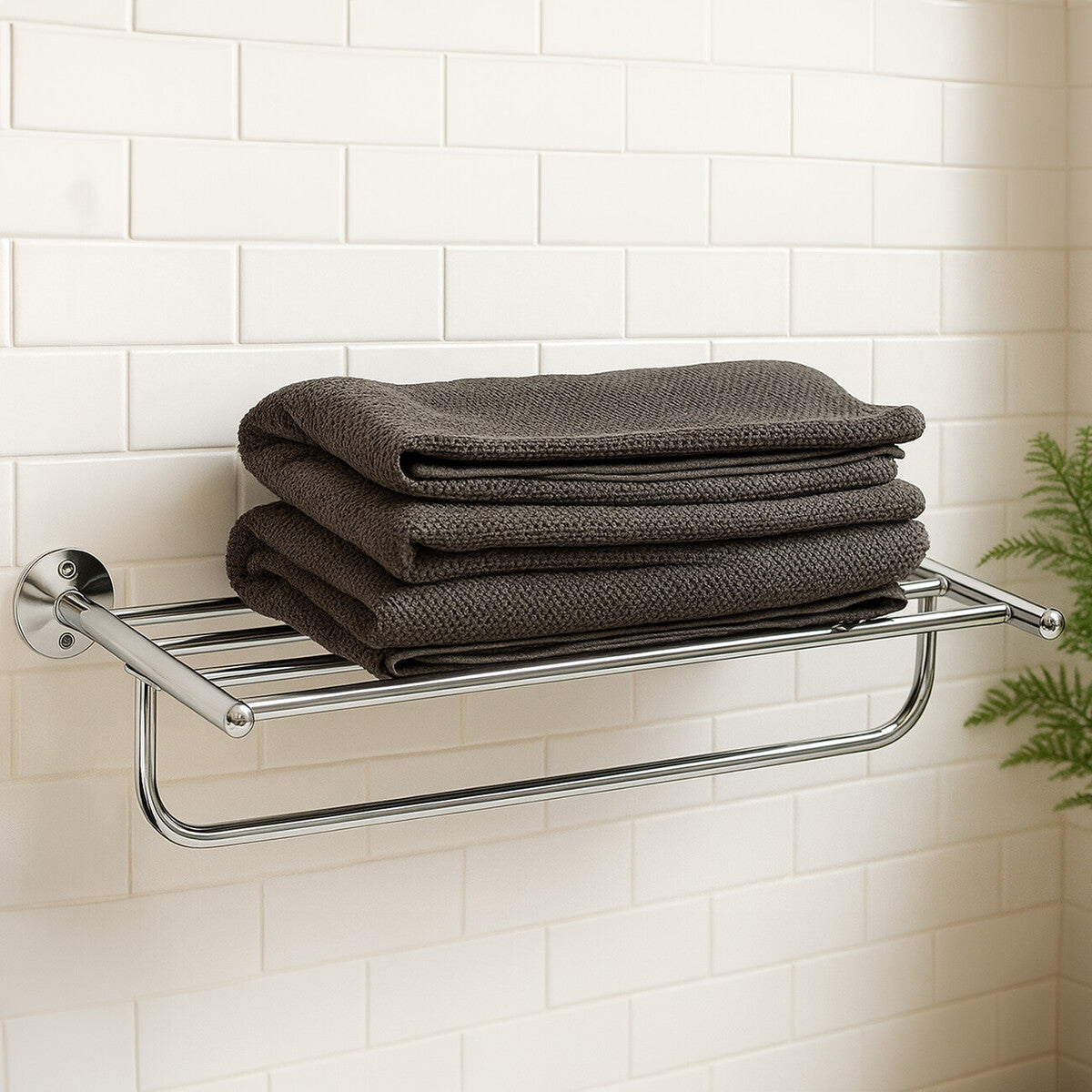 Stack of dark towels on a metal towel rack against a white tiled wall.