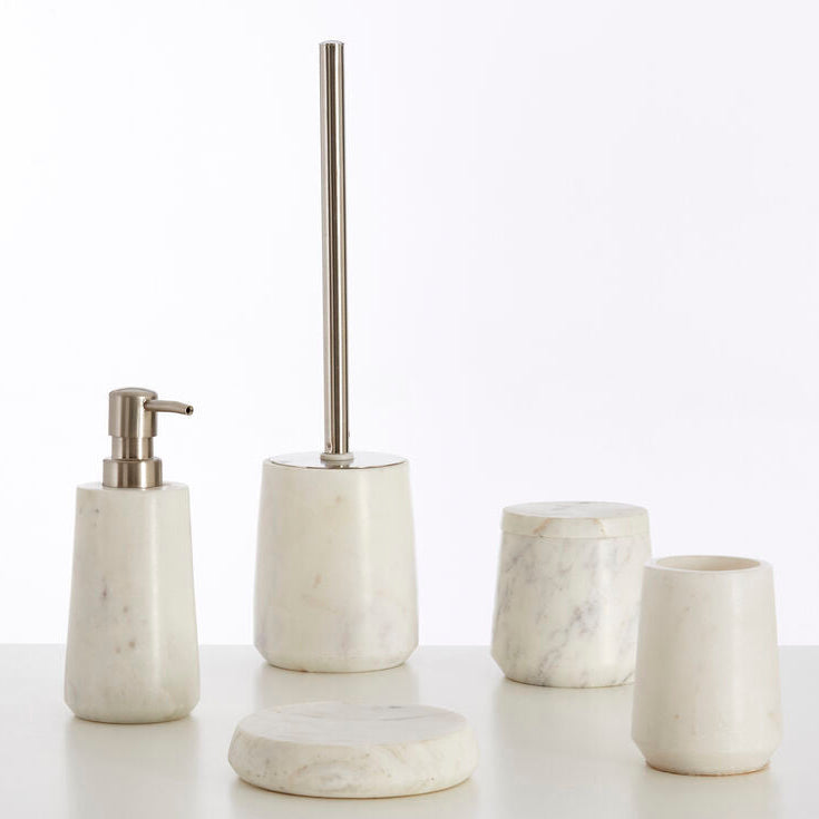 Marble bathroom accessory set including a soap dispenser, toilet brush holder, and cups on a white background.