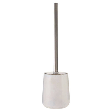 White toilet brush holder with a silver handle on a white background