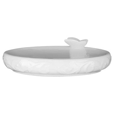 White ceramic dish with a bird-shaped handle on a white background