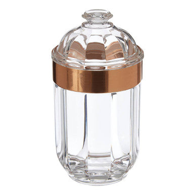 Clear glass jar with a copper band and lid on a white background