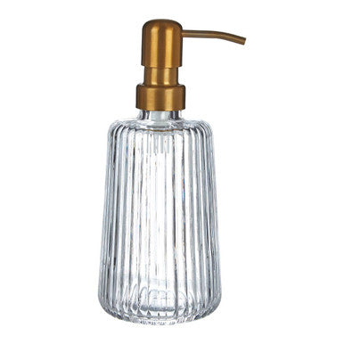 Clear glass soap dispenser with gold pump on a white background