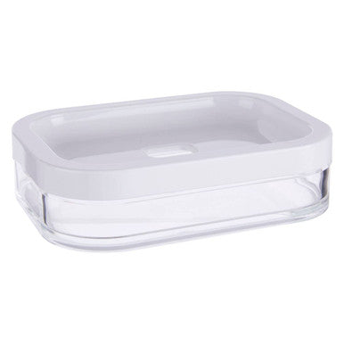 Clear plastic container with a white lid on a white background