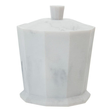 White marble hexagonal container with a lid on a white background