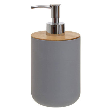 Gray soap dispenser with wooden top and silver pump on a white background