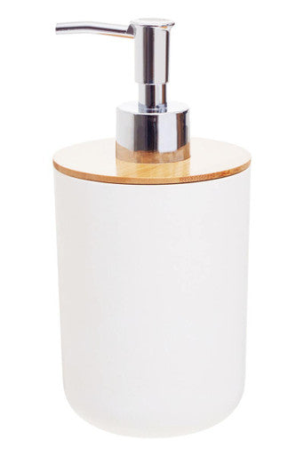 White soap dispenser with wooden top and silver pump on a white background