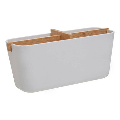 White planter with wooden accents on a white background