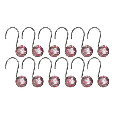 Set of 12 shower hooks with pink glittery balls on a white background
