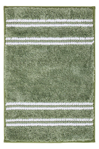 Green bath mat with white stripes on a green border