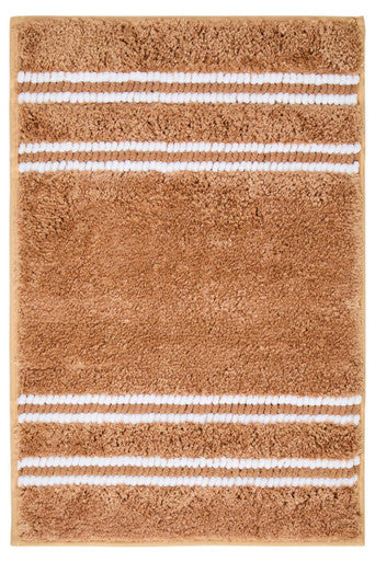 Brown bath mat with white stripes on a white background