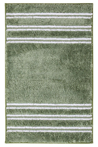 Green rug with white stripes on a plain background