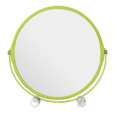 Round mirror with a green frame on a white background