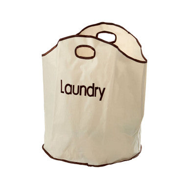 Beige laundry bag with brown handles and text on a white background