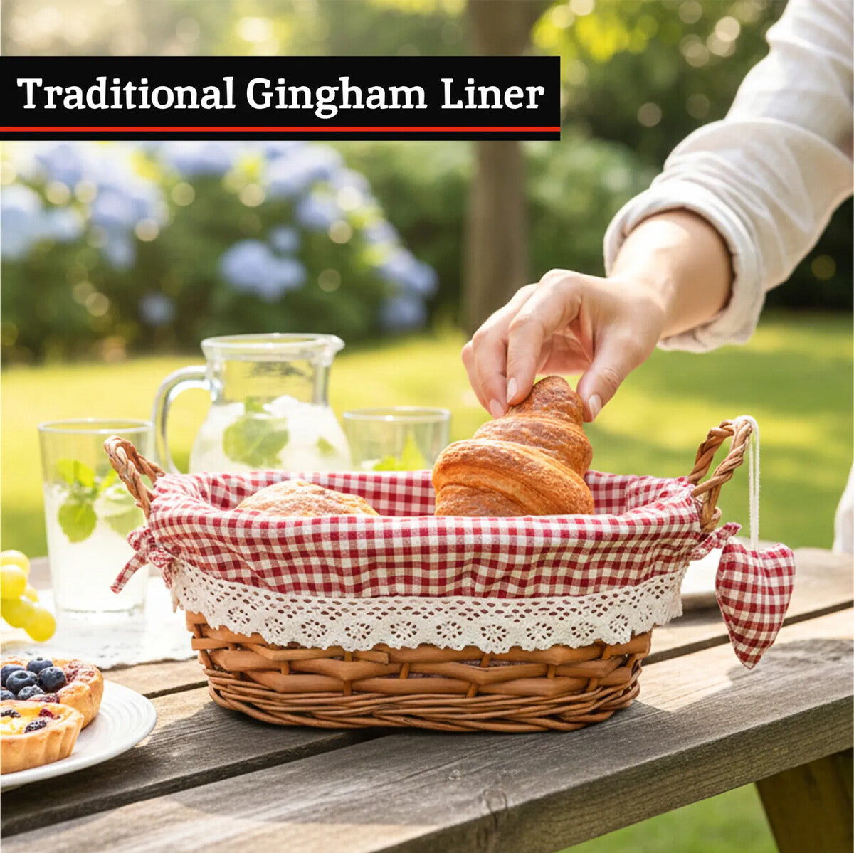 Orla Willow Bread Basket with Red Gingham Lining