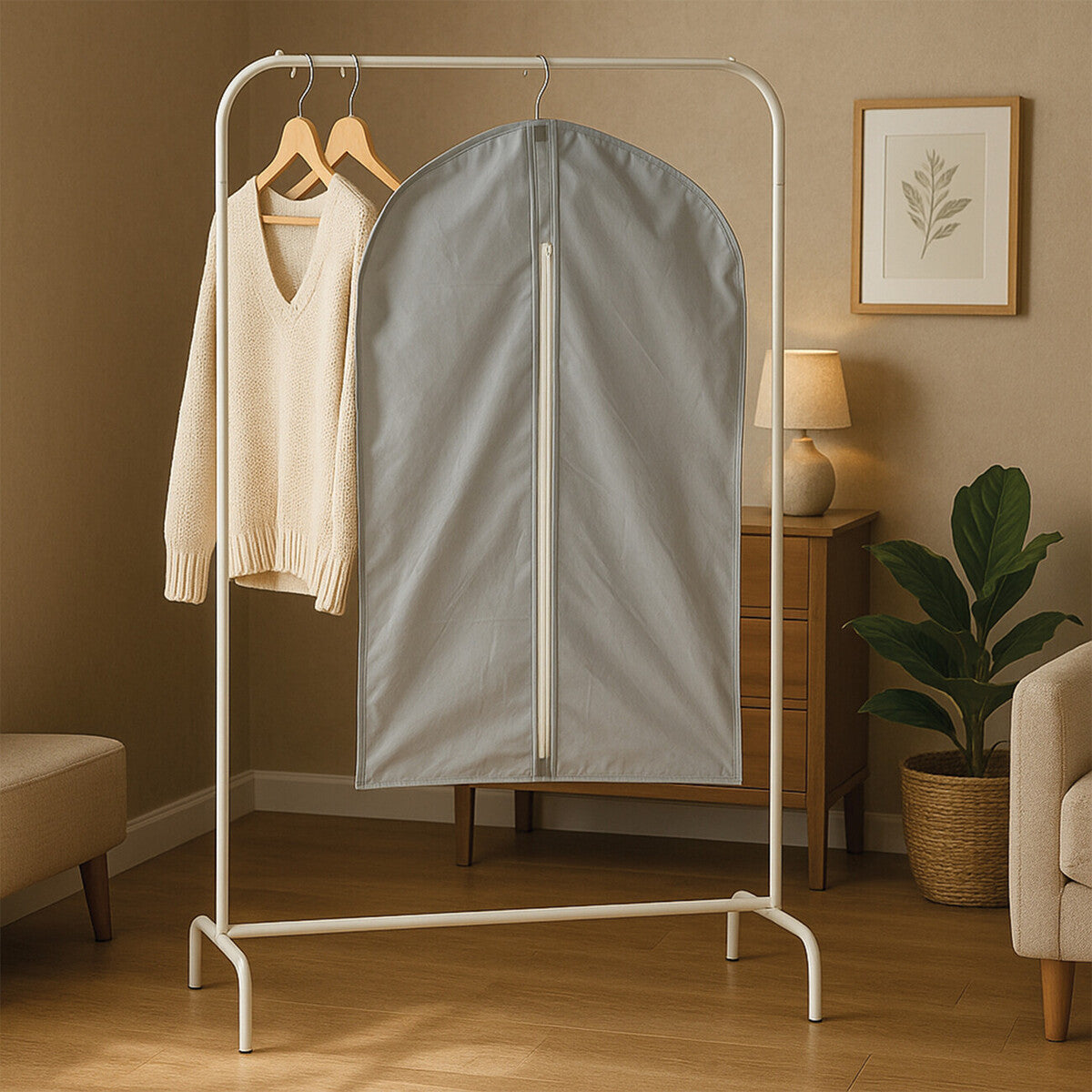 Clothing rack with a garment bag and sweater in a room with a lamp and plant.