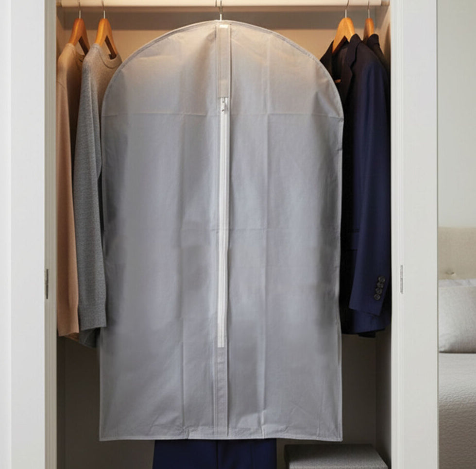 Clear garment bag with zipper in a closet with clothes and shoes.
