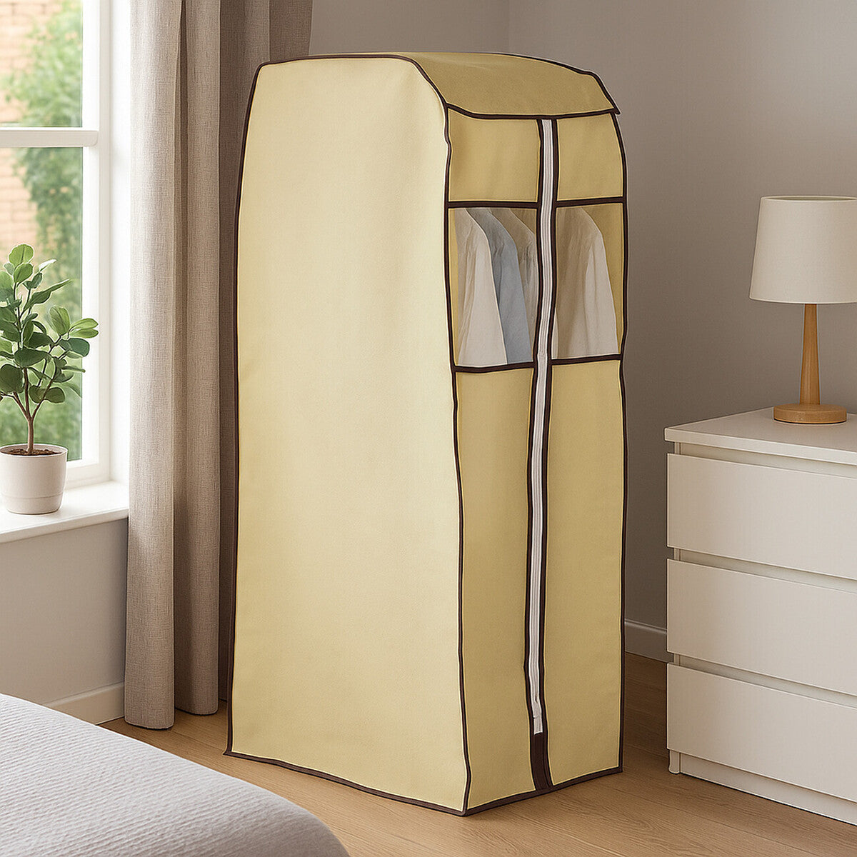 Beige garment storage cover in a bedroom setting with a window, plant, and dresser.