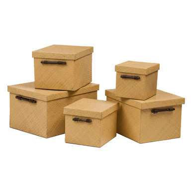 Set of five beige storage boxes with lids on a white background