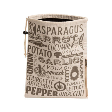 Canvas vegetable storage bag with text labels on a white background