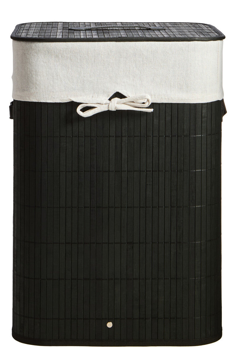 Black laundry basket with a white lid featuring a checkered pattern