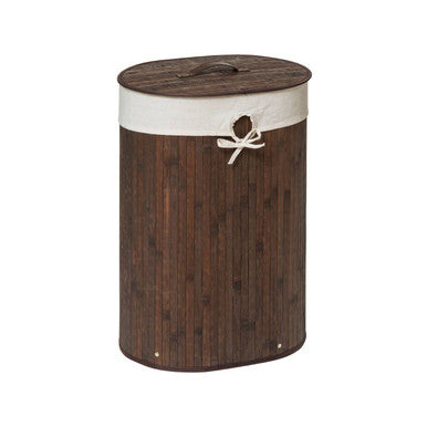 Wooden laundry basket with a white lid on a white background
