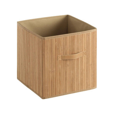 Bamboo storage cube with a handle on a white background