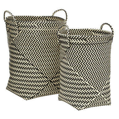 Two woven baskets with black and white chevron pattern on a white background